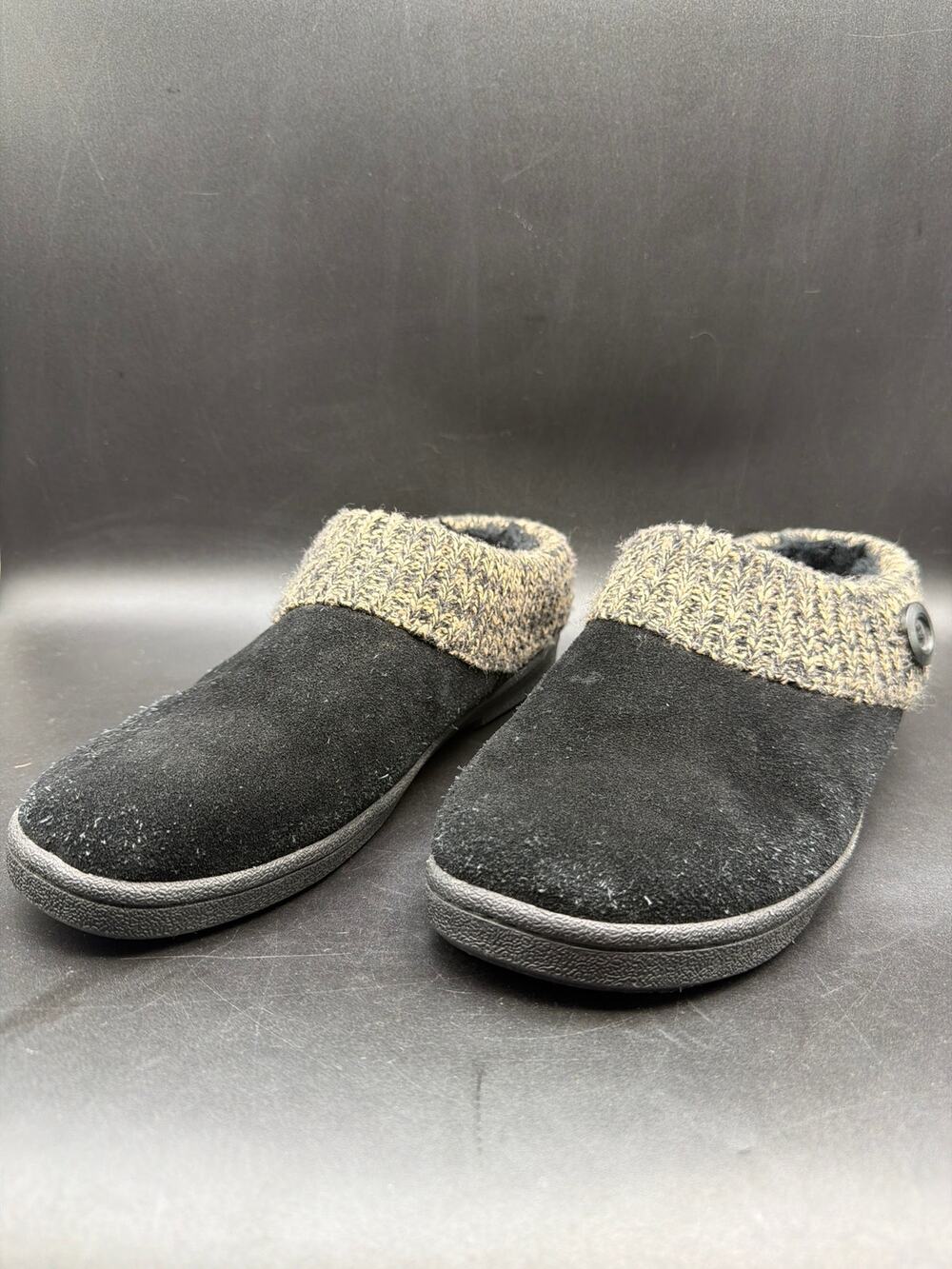 Clarks Womens 11M Black Suede Sweater Knit Collar Clog Slippers Indoor Outdoor